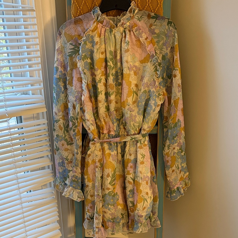 Floral Long Sleeve Ruffle Waist Tie romper  - Pastel Multi